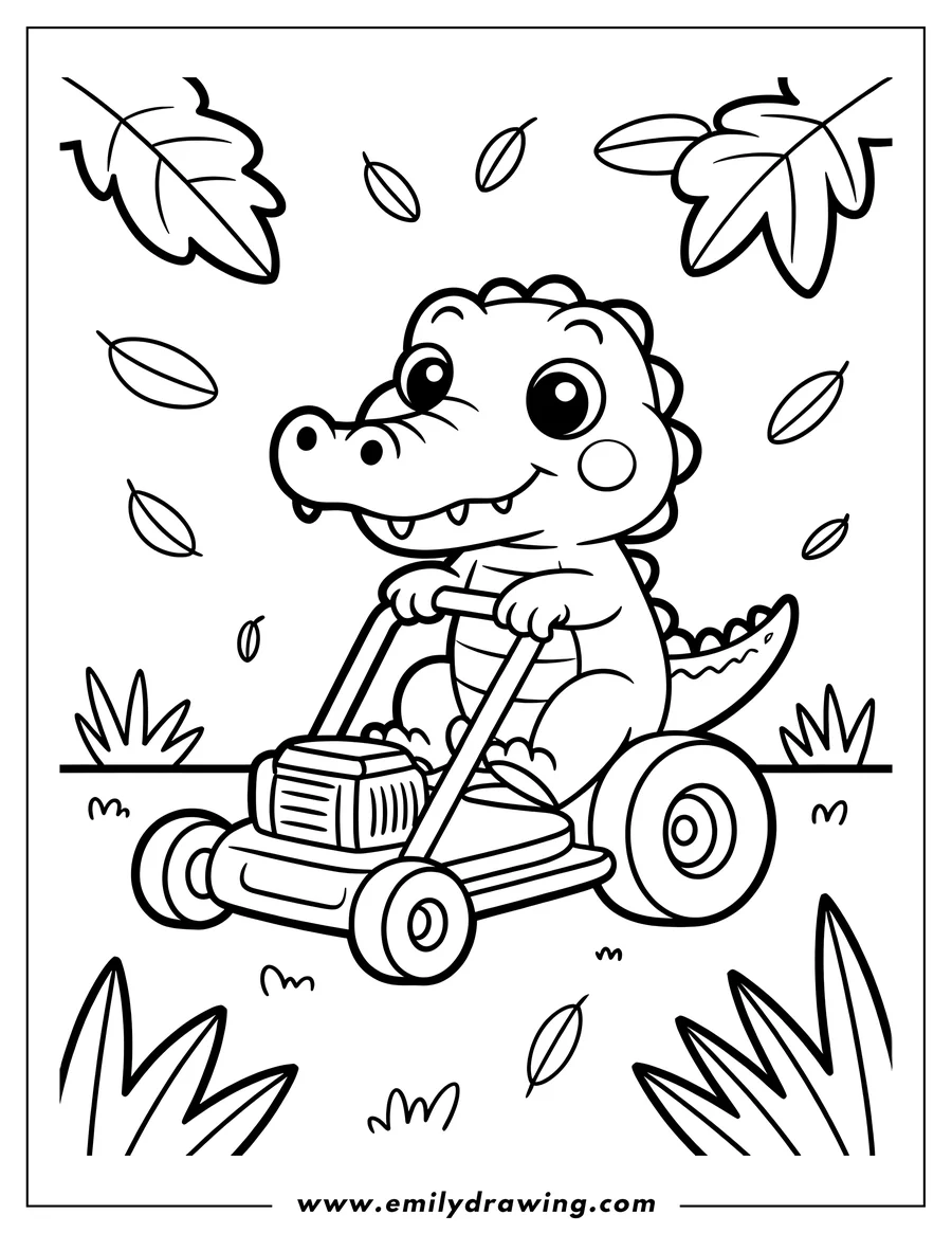 Outline of a friendly alligator driving a lawnmower, mowing the grass with falling leaves around it.