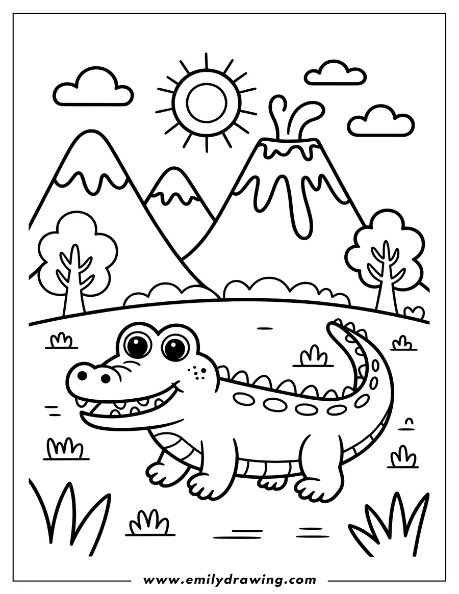 Outline of an alligator near a smoking volcano, set in a sunny, grassy landscape.