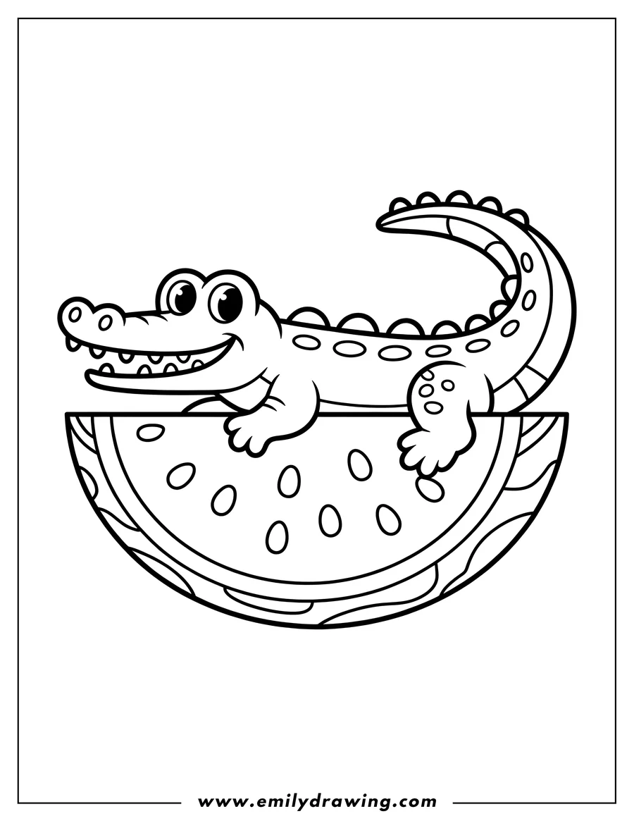 Line art of a smiling alligator lying on a slice of watermelon.