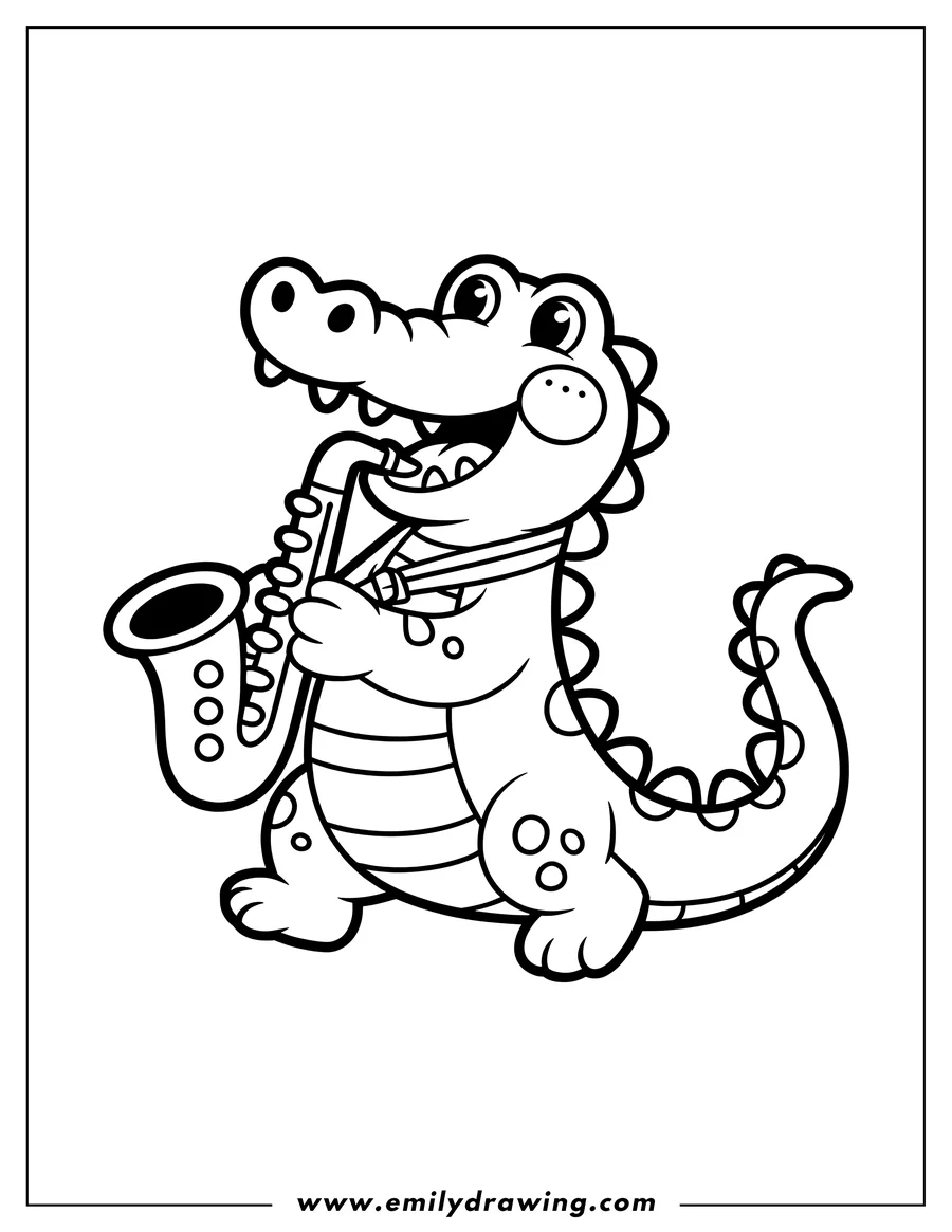 Line art of an alligator playing a saxophone. He looks very happy to be making music.