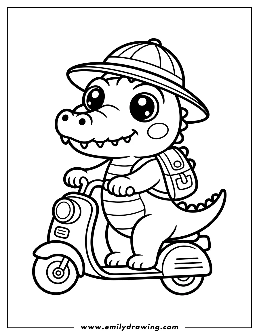 Line art of an alligator wearing a pith helmet and backpack, riding a scooter.