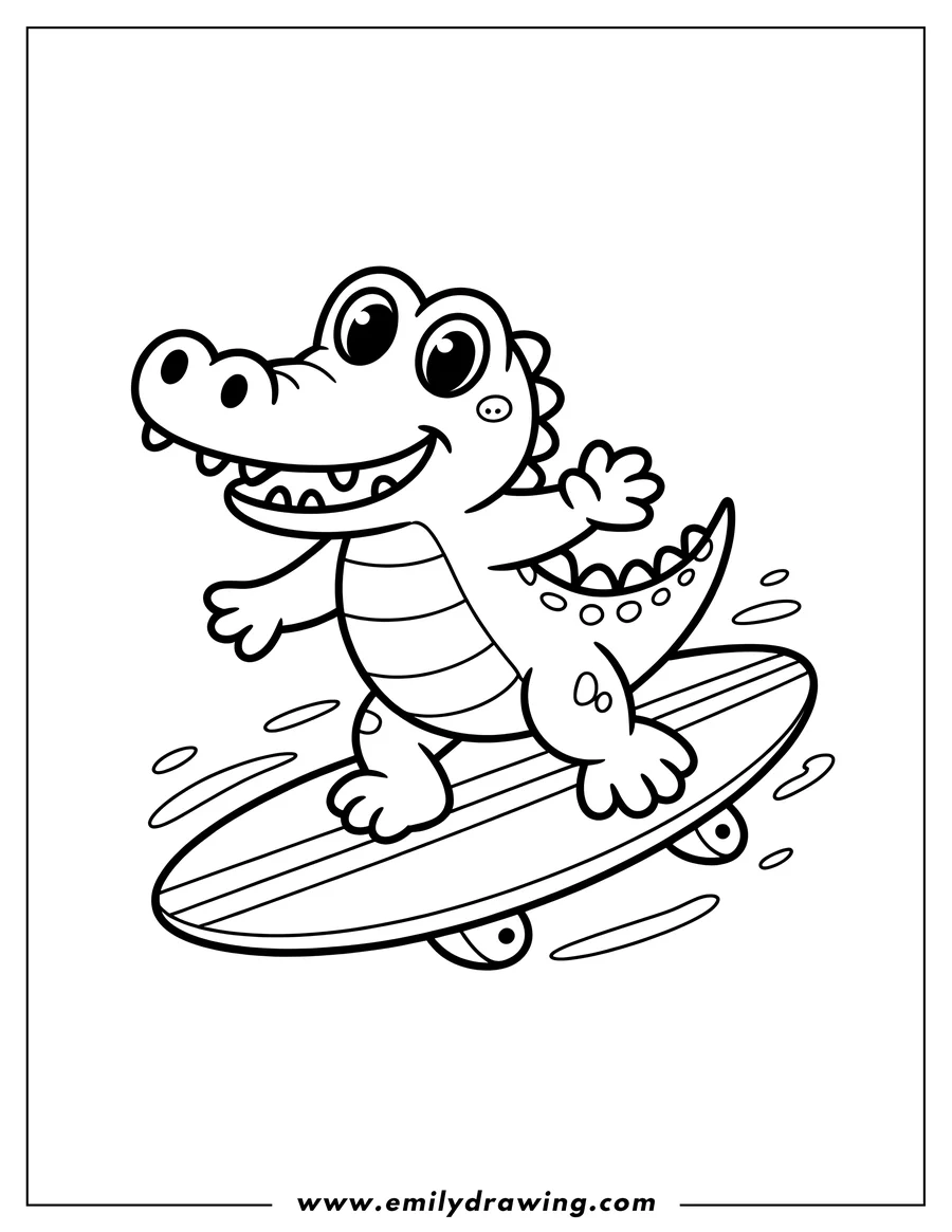 Outline of a smiling alligator riding a skateboard.