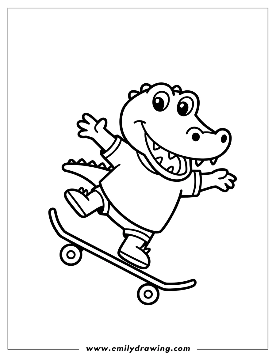 Outline of an alligator riding a skateboard. The alligator is wearing a shirt and shoes.