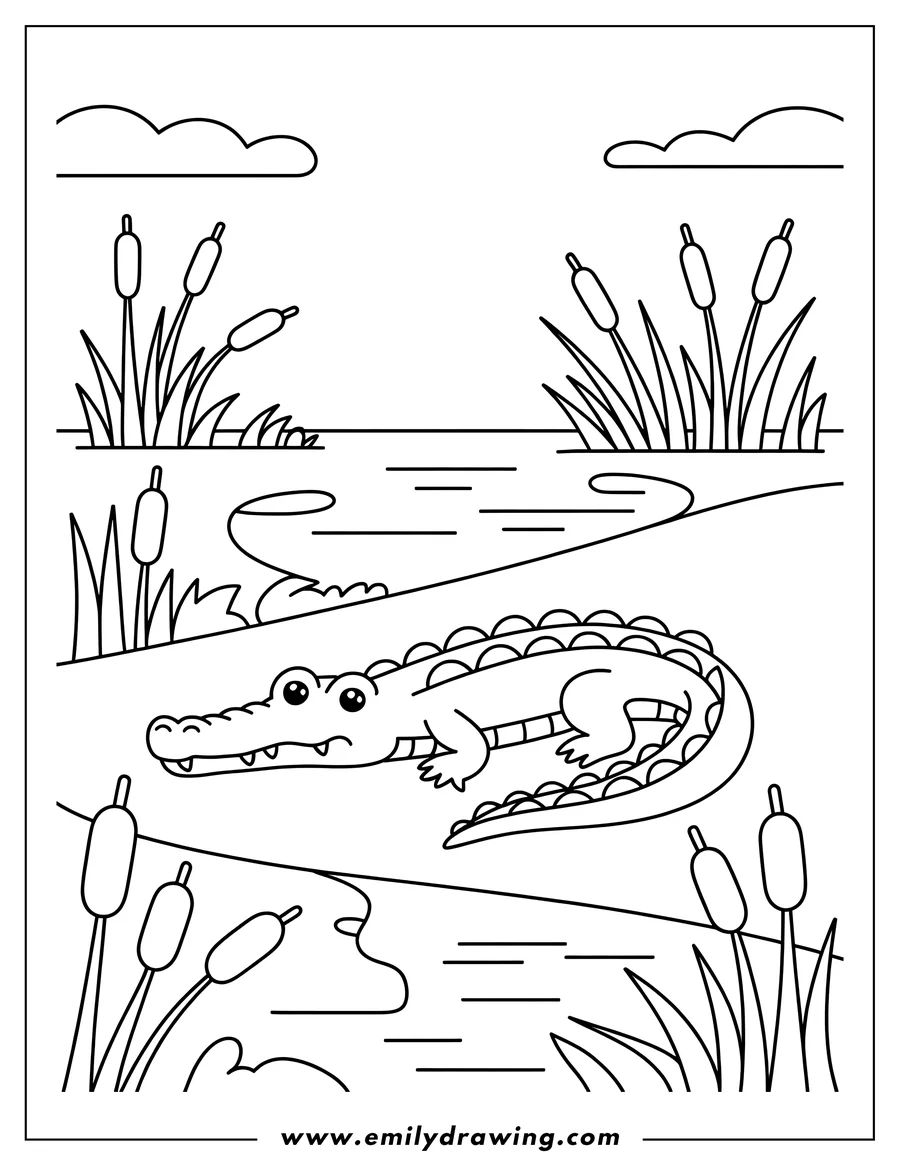 Outline of an alligator near cattails and swamp water.