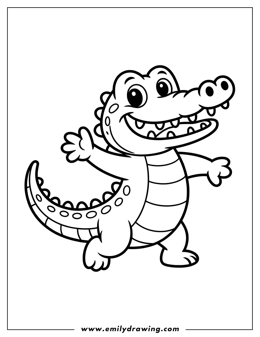 Line art of a friendly alligator waving, with a big smile and open arms.