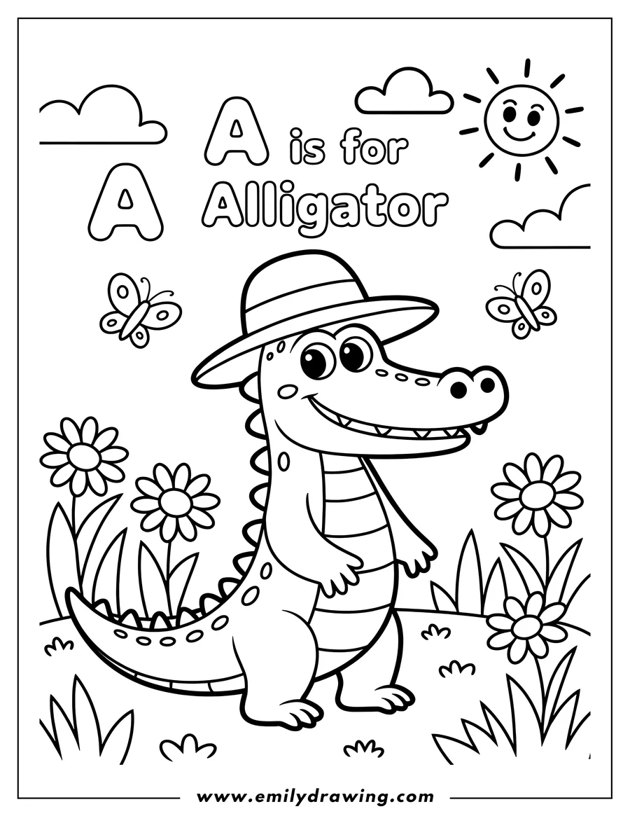 Line art of an alligator wearing a hat, standing in a field of flowers with butterflies nearby.