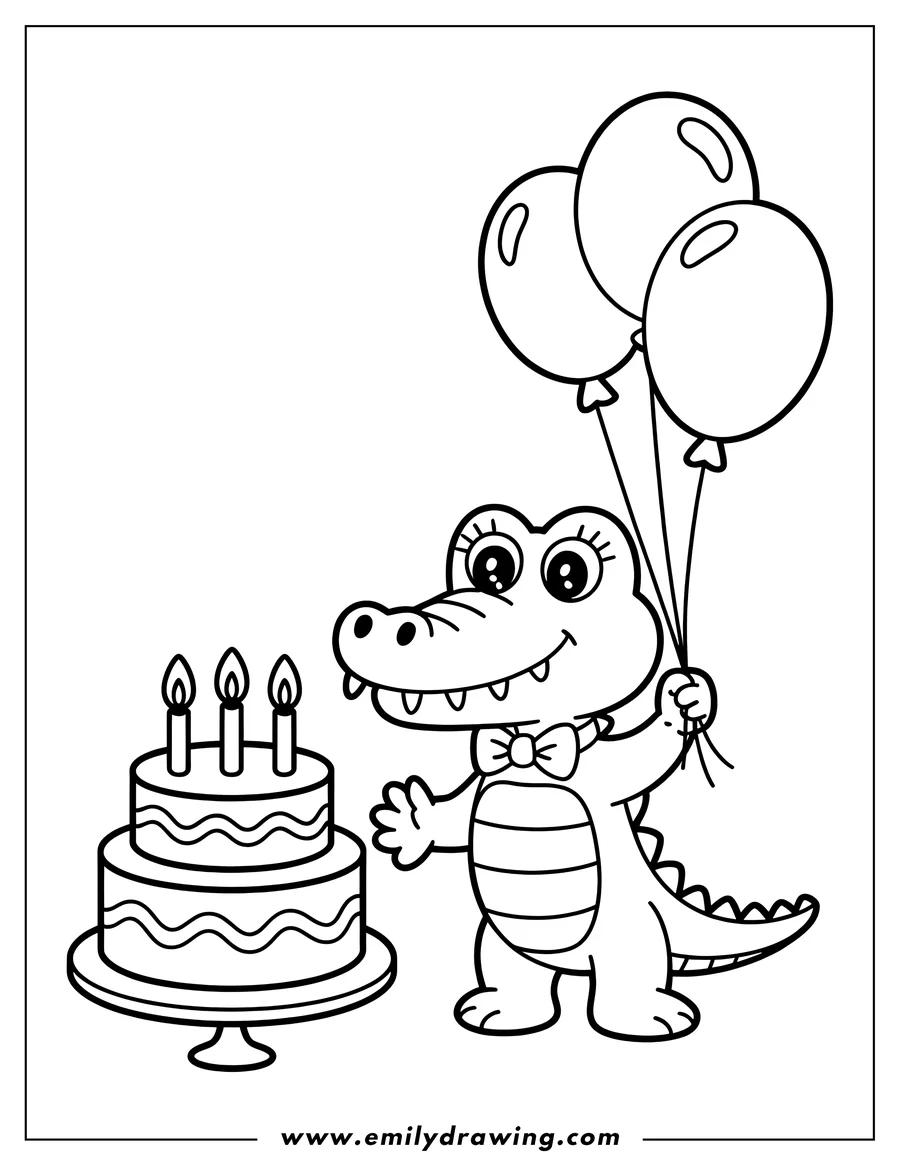 Line art of an alligator wearing a bow tie, holding balloons and standing next to a birthday cake with three candles.