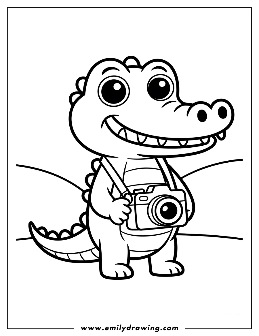 Line art of an alligator holding a camera. It looks ready to take some pictures.