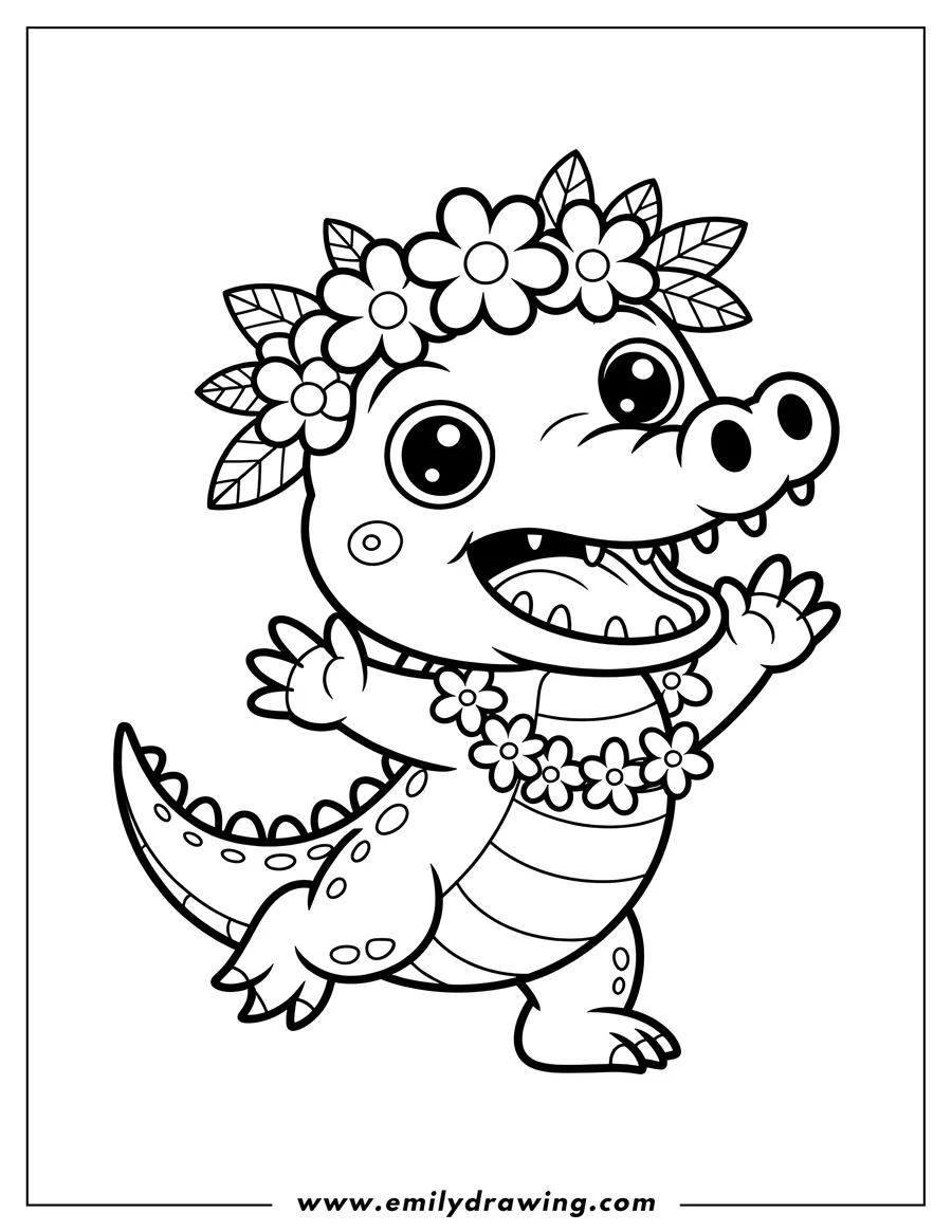 Line art of an alligator wearing a flower crown and lei. It appears to be dancing or celebrating.