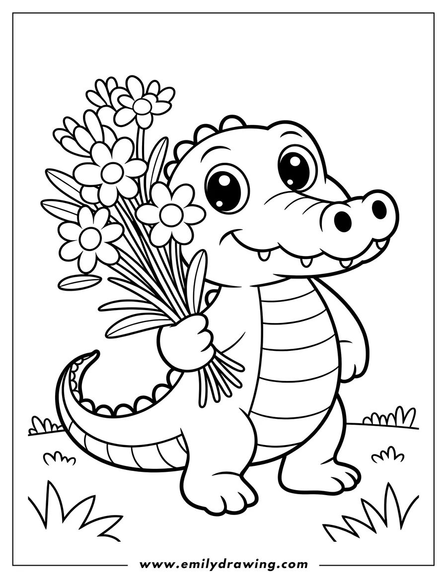 Line art of an alligator holding a bouquet of flowers.