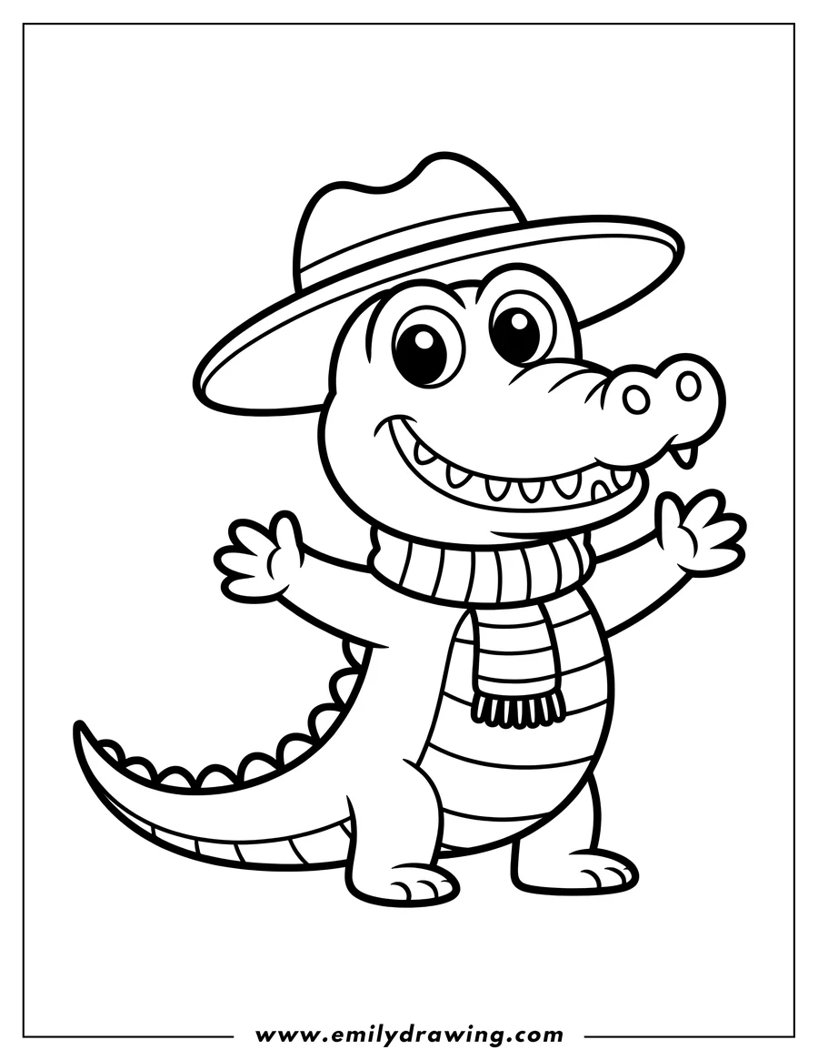 Line art of a friendly alligator wearing a hat and scarf. He's smiling and has his arms outstretched.