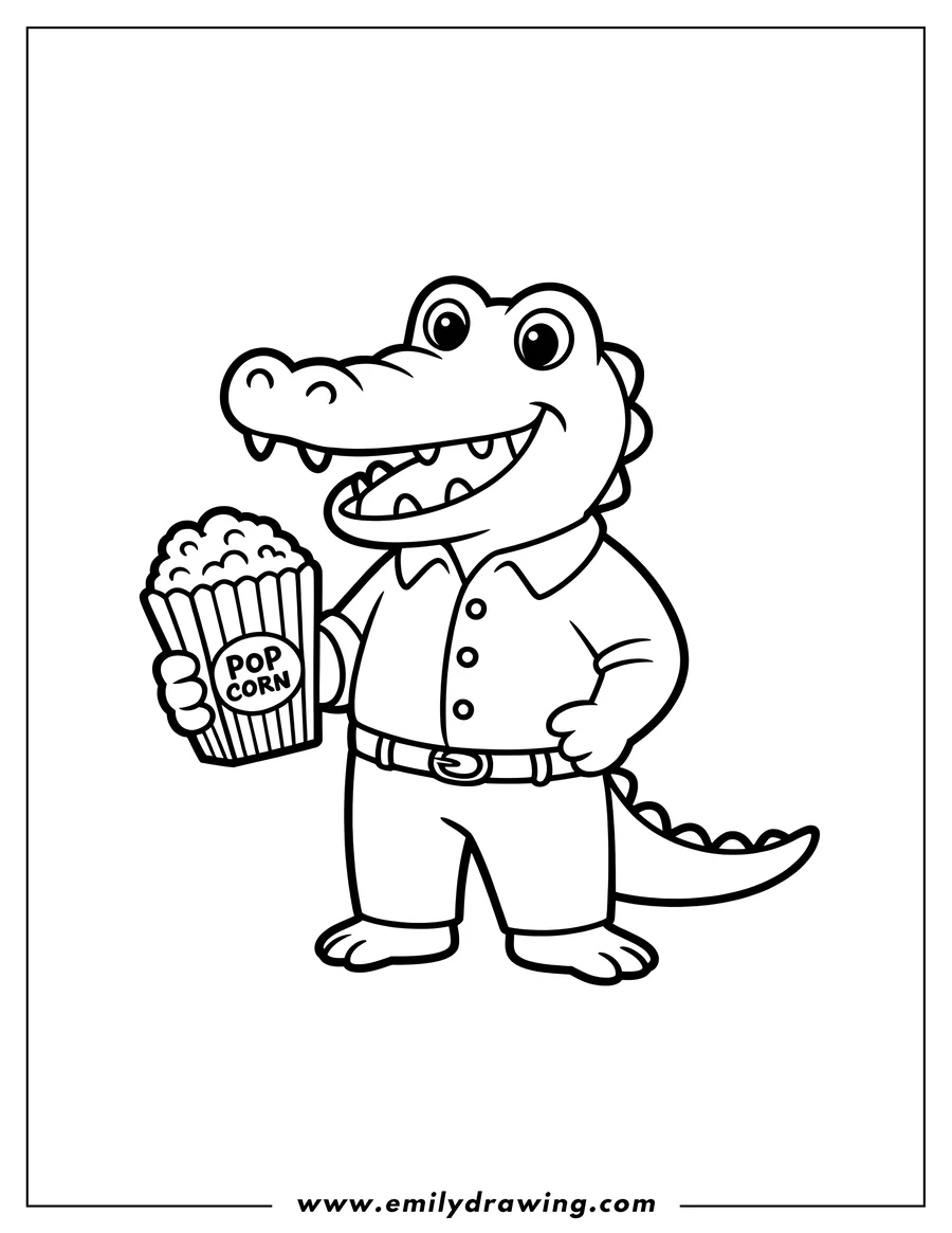 Line art of an alligator holding a container of popcorn.