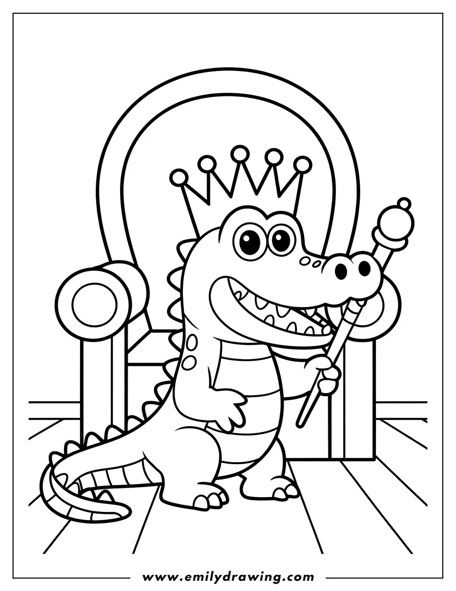 Line art of an alligator wearing a crown and holding a scepter, possibly depicting a king or royal figure.