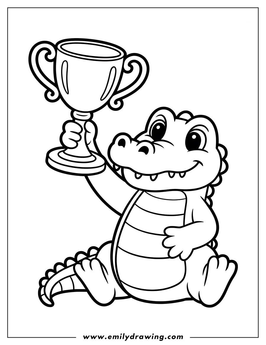 Line art of an alligator holding up a trophy. He is sitting and smiling.