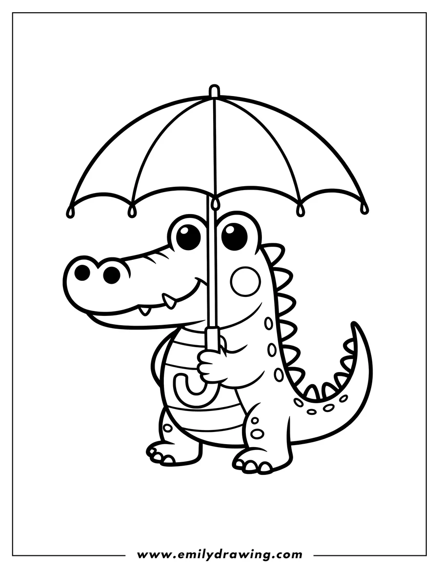 Line art of an alligator holding an umbrella. He's ready for a rainy day!