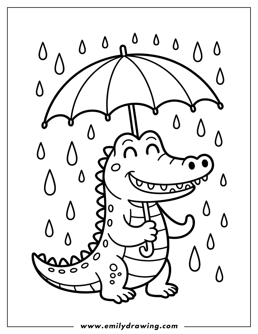 Line art of a smiling alligator holding an umbrella in the rain. Raindrops fall around him.