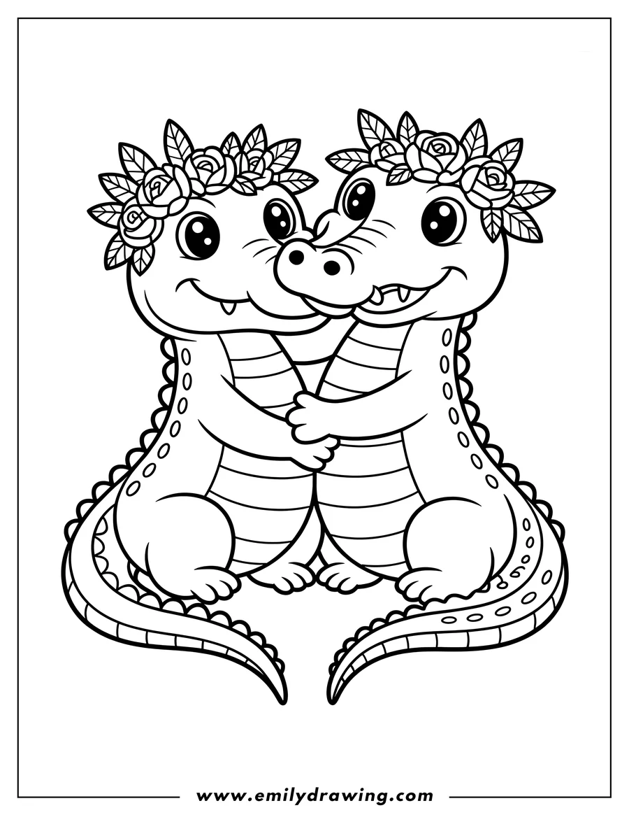Two alligators hugging, wearing flower crowns.