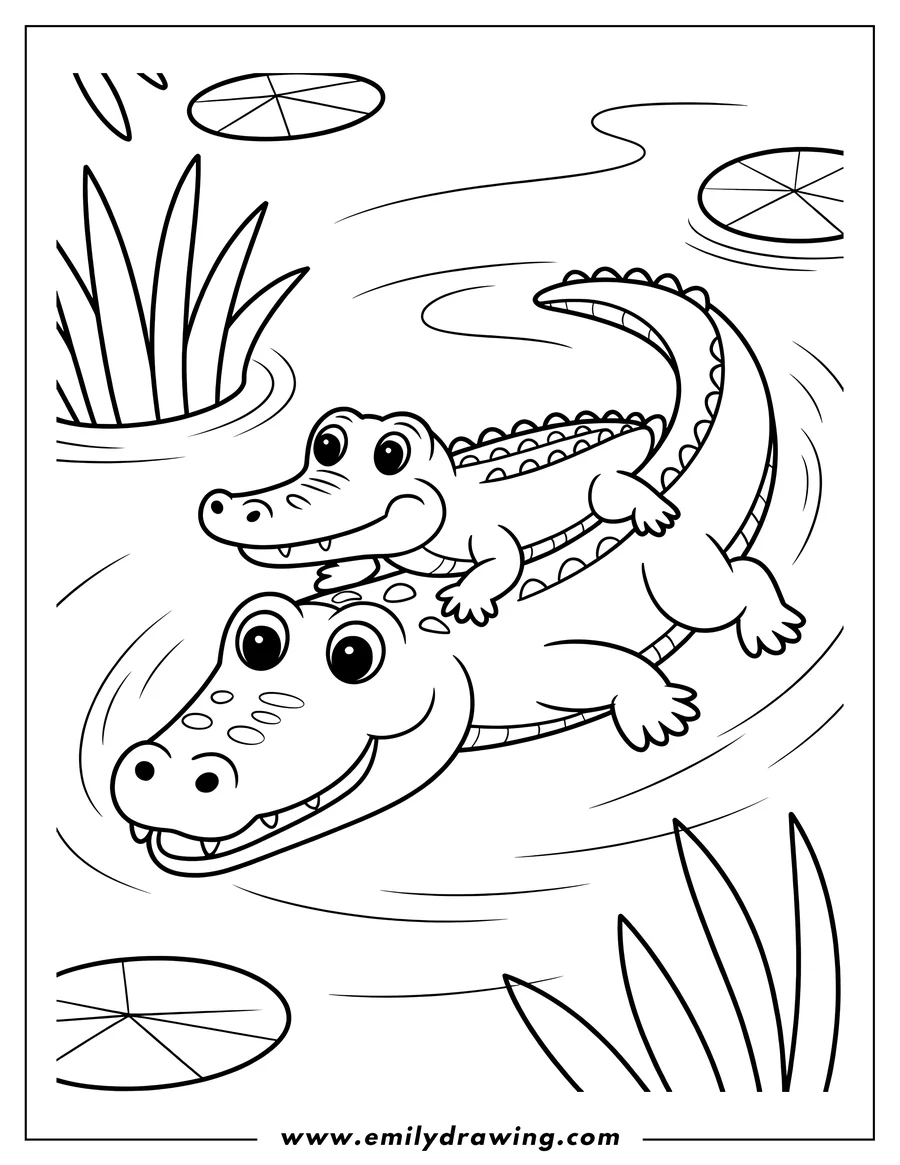 Outline of two alligators, one large and one small, swimming together in a pond with lily pads and reeds.