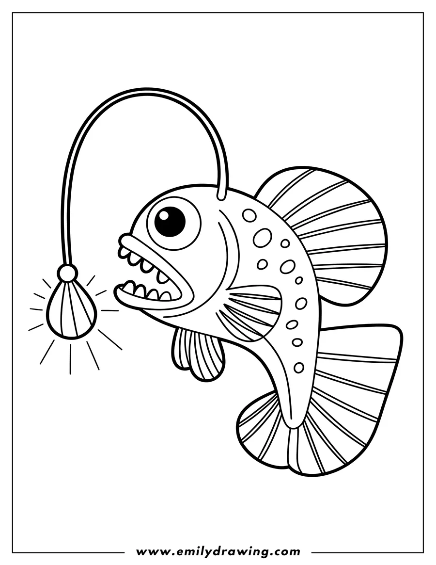 Line art of an anglerfish with a bioluminescent light lure.