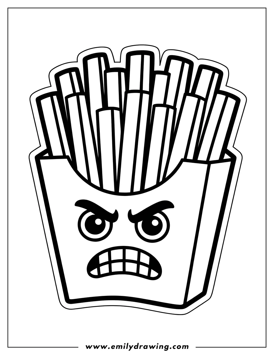 Line art of a container of french fries with an angry face.