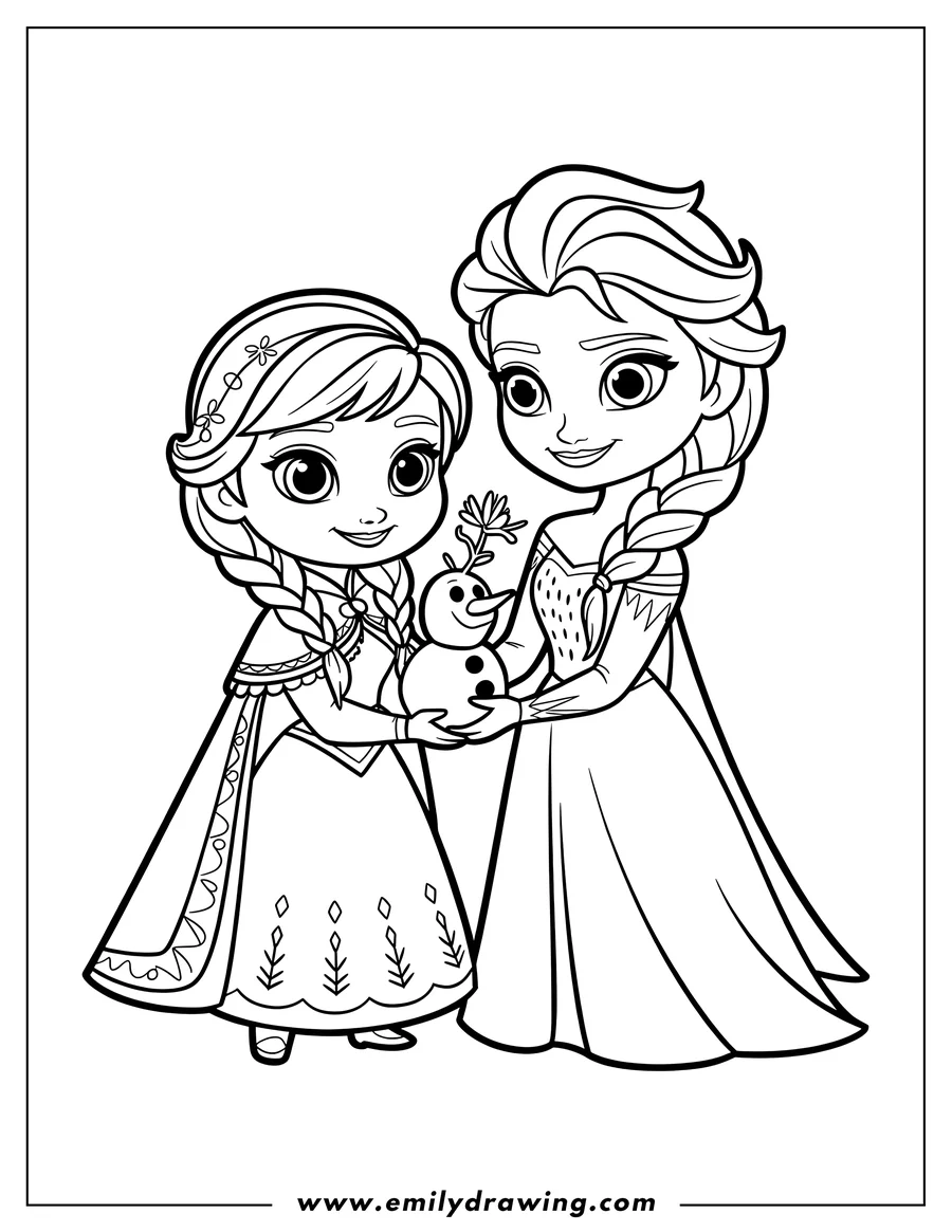 Line art of Anna and Elsa from Frozen holding Olaf the snowman. Anna is wearing a long dress and cape, and Elsa is wearing a long gown. Olaf has a twig arm and a big smile.