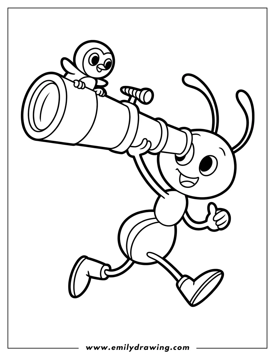 Outline of an ant holding a telescope with a small bird perched on top. The ant is giving a thumbs up.