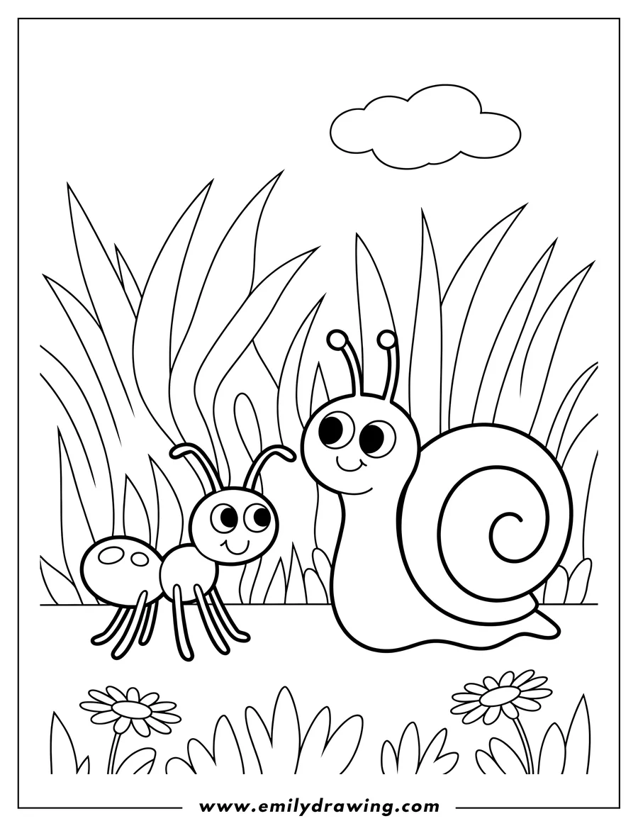 Outline of an ant and a snail in the grass, with a cloud and flowers.