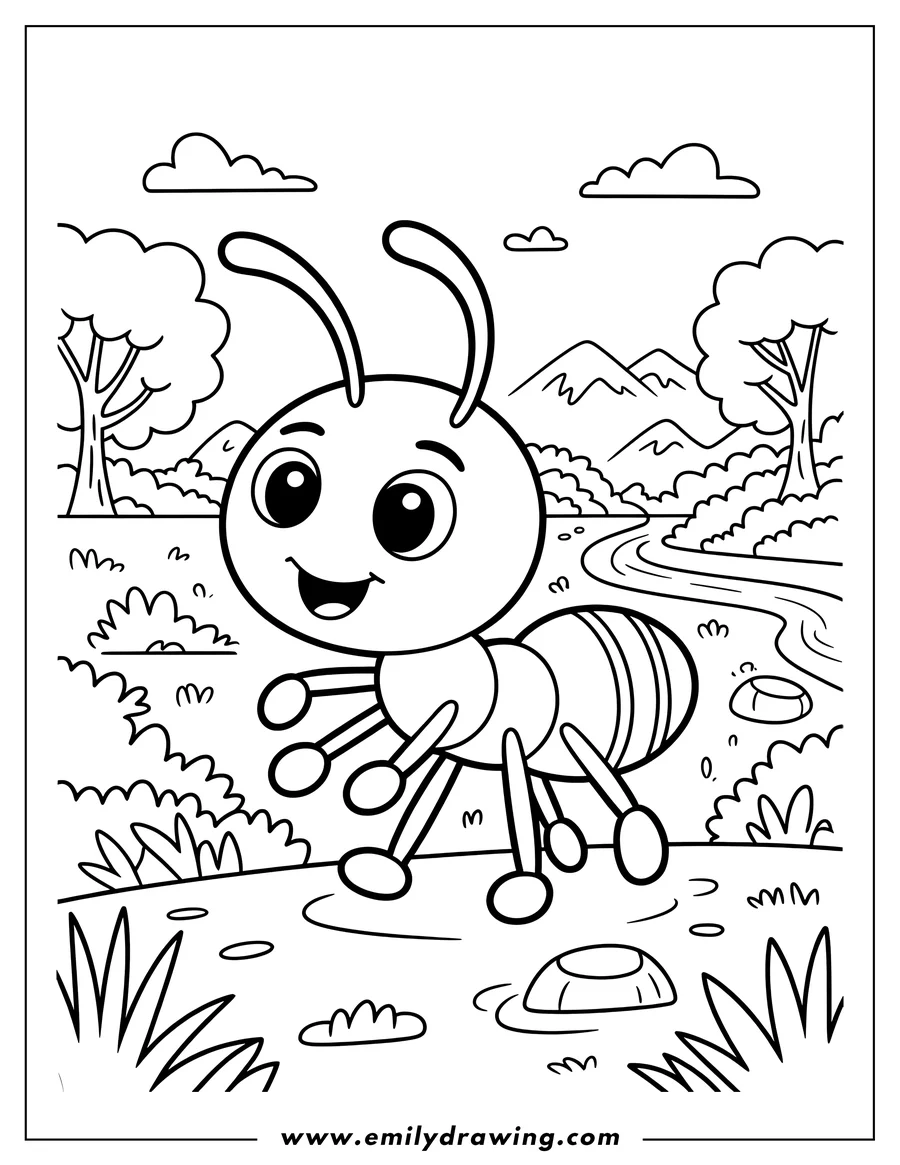 Line art of an ant walking near a river in a natural landscape setting. There are rocks, trees, grass, and mountains in the background.