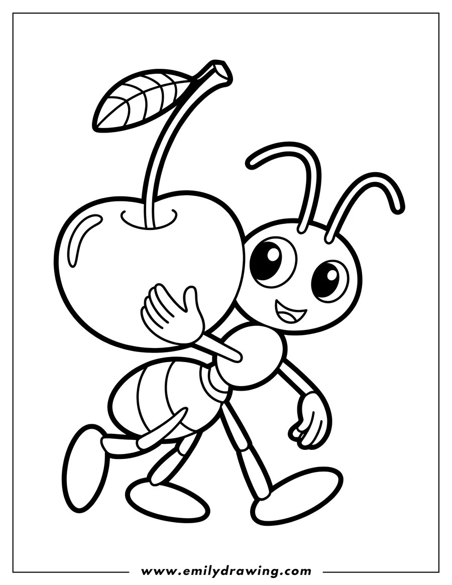 Line art of an ant carrying a large cherry with a leaf.