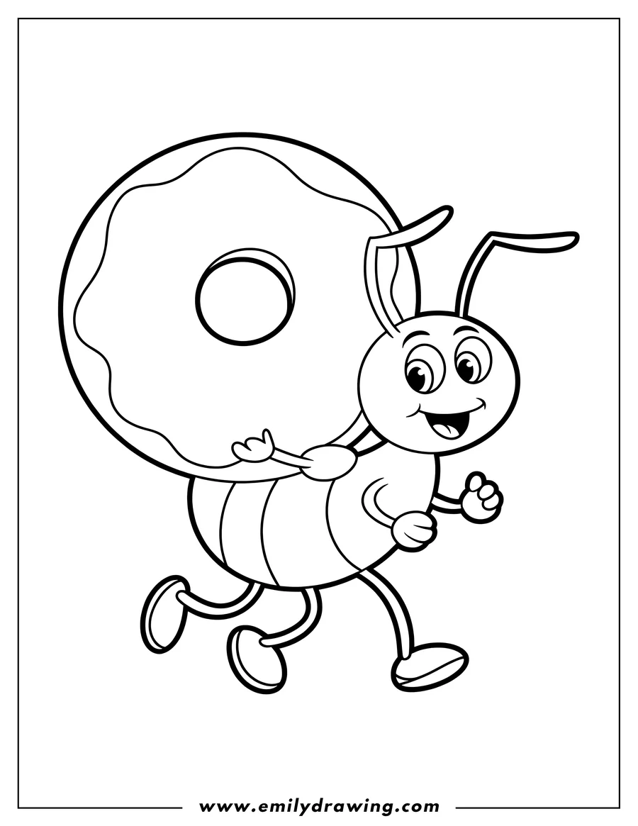 Line art of an ant carrying a large donut.