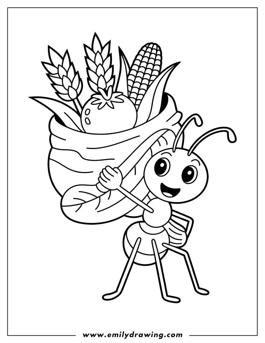 Outline of a cheerful ant carrying a large bag filled with corn, wheat, and a tomato.