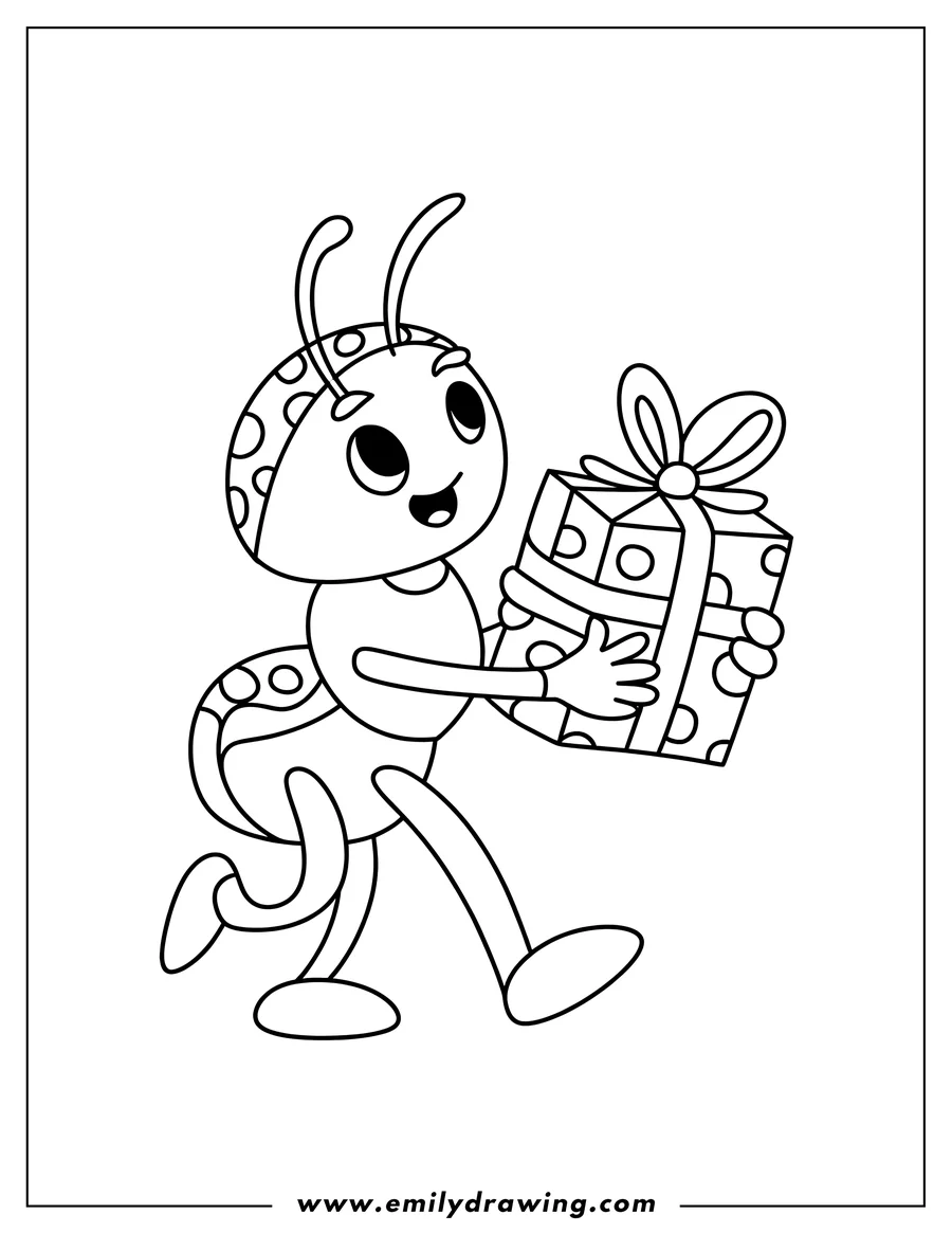Outline of an ant carrying a wrapped present with a bow.