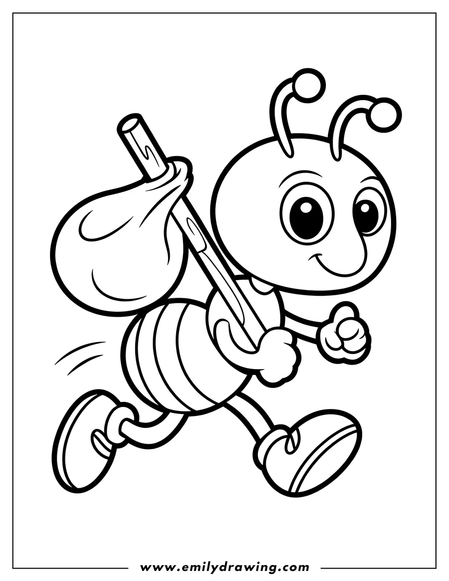 Outline of an ant carrying a sack tied to a stick over its shoulder, appearing to be walking or running.