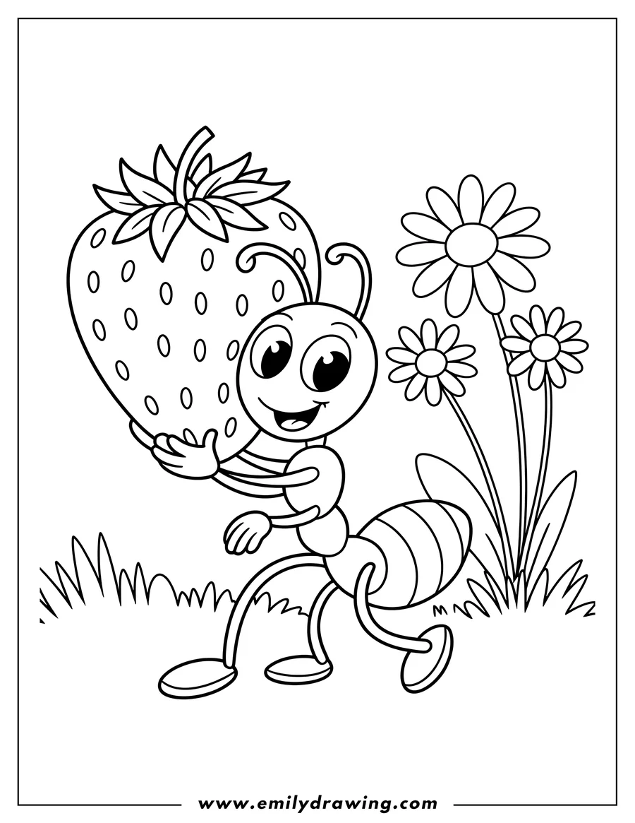 Outline of an ant carrying a large strawberry, walking near some flowers and grass.