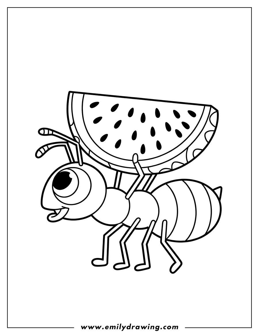 Outline of a strong ant carrying a large slice of watermelon.