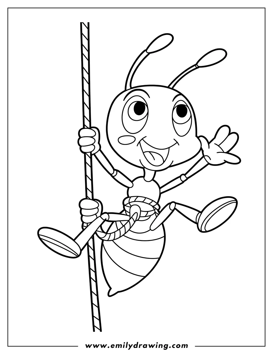 Line art of an ant climbing a rope. It has a big smile and is waving.