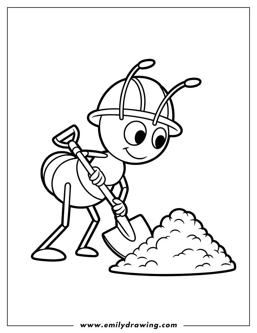 Outline of an ant wearing a construction helmet and digging with a shovel into a pile of dirt.