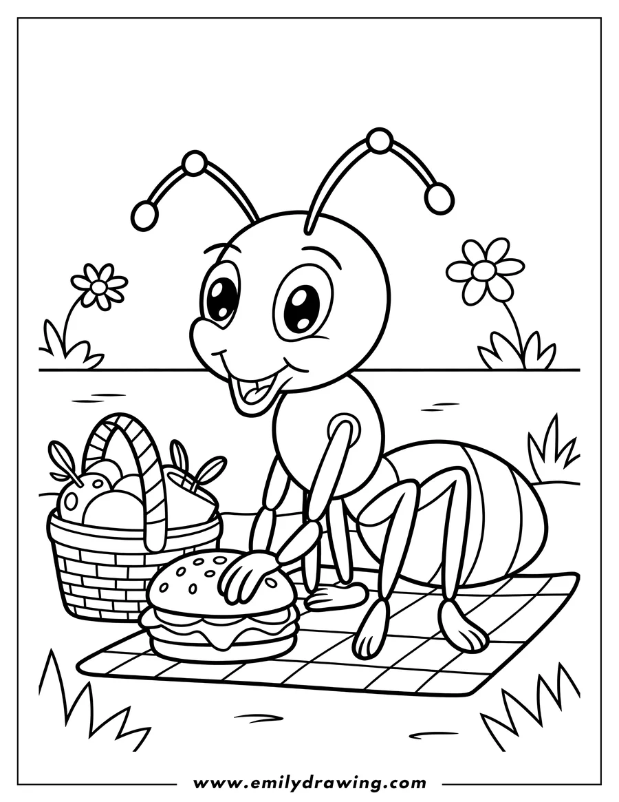 Outline of an ant enjoying a picnic with a burger and a basket of food on a blanket in a park setting with flowers and grass.