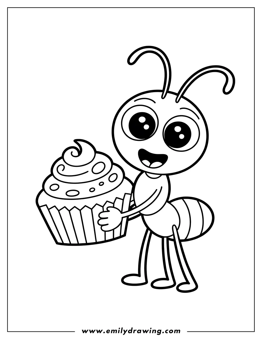 Outline of a happy ant holding a cupcake.