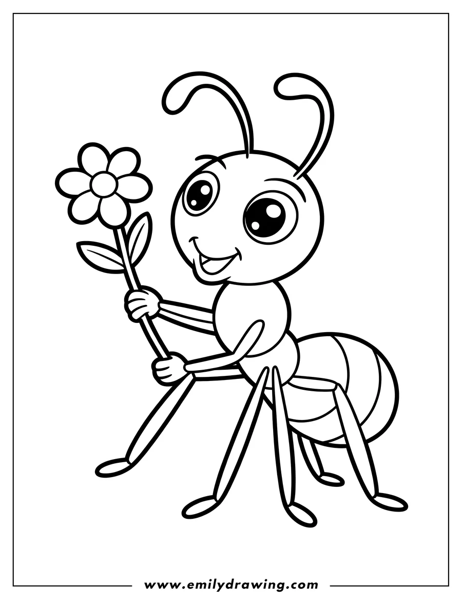 Line art of an ant holding a flower with leaves and petals.