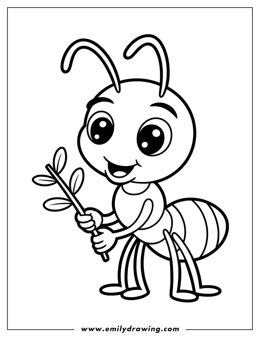 Line art of an ant holding a twig with leaves. The ant has large, friendly eyes and appears to be smiling.