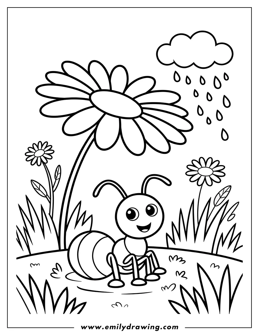 Outline of a smiling ant in the grass near some flowers, as raindrops fall from a cloud overhead.