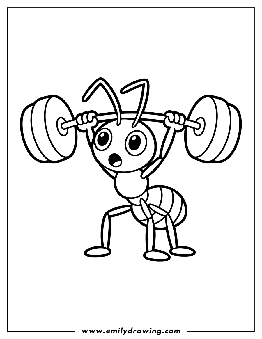 Line art of an ant lifting a barbell with weights. The ant appears to be straining with effort as it lifts.
