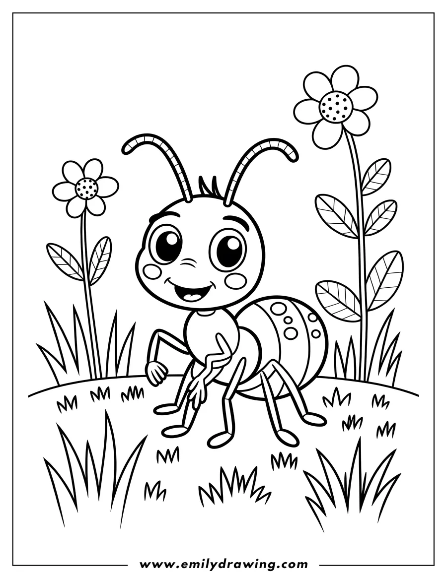 Outline of a friendly-looking ant standing near flowers and grass.