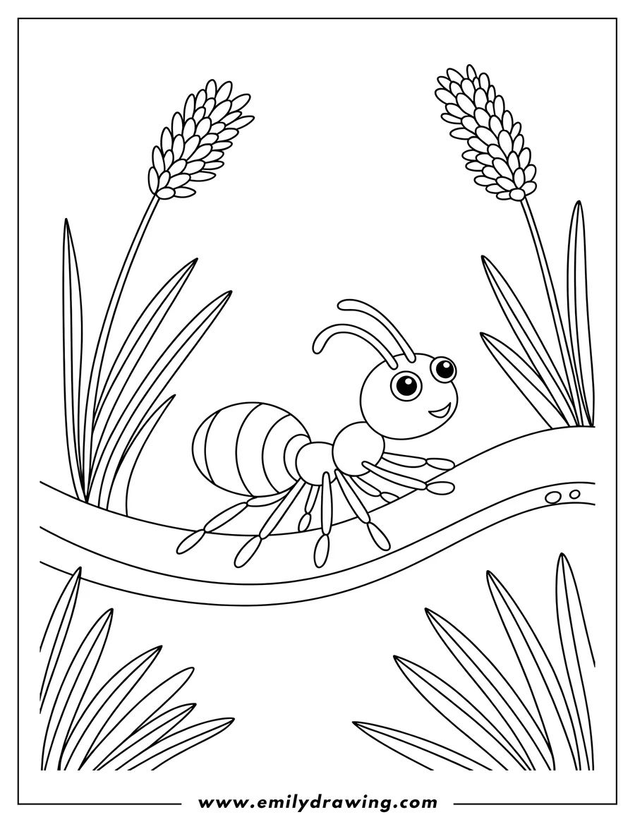 Line art of an ant walking on a branch, with tall grass and flowers on either side.