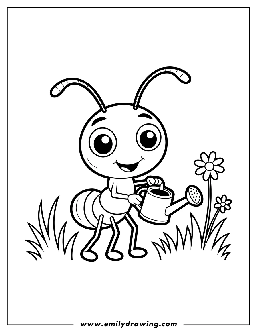 Outline of a smiling ant watering flowers with a little watering can.