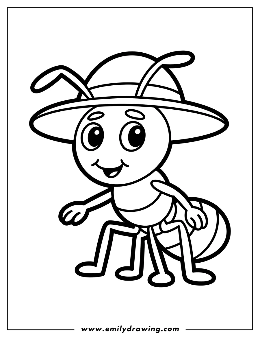 Line art of an ant wearing a large brimmed hat.