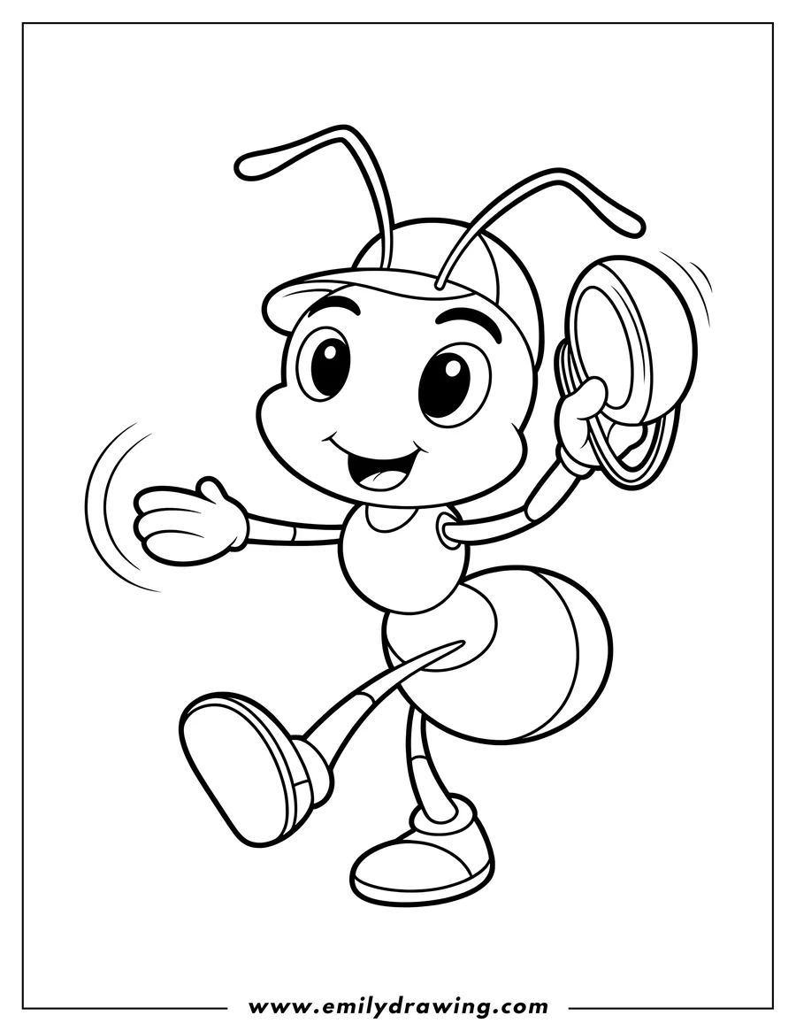Line art of an ant holding a cymbal, wearing a baseball cap and shoes.