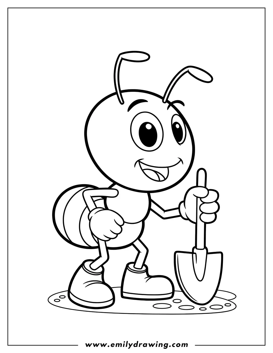 Outline of an ant holding a shovel, ready to dig.