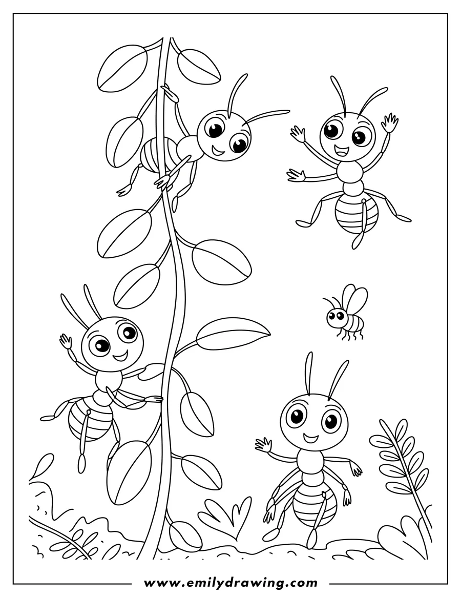 Outline of ants climbing a leafy plant stem. One ant is in the air, while others hold onto the plant. A small bee flies nearby.